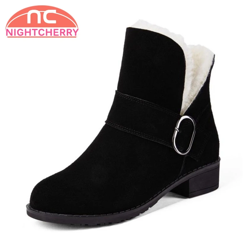 

NIGHTCHERRY Vintage Women Ankle Boots Buckle Thick Fur Warm Shoes Women Winter High Heel Boots Short Snow Boot Size 33-44
