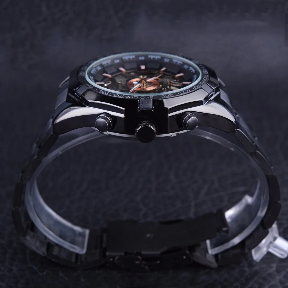 Sport Racing Series Skeleton Stainless Steel Black Golden Dial Watches Men Automatic Watch Clock Men Forsining