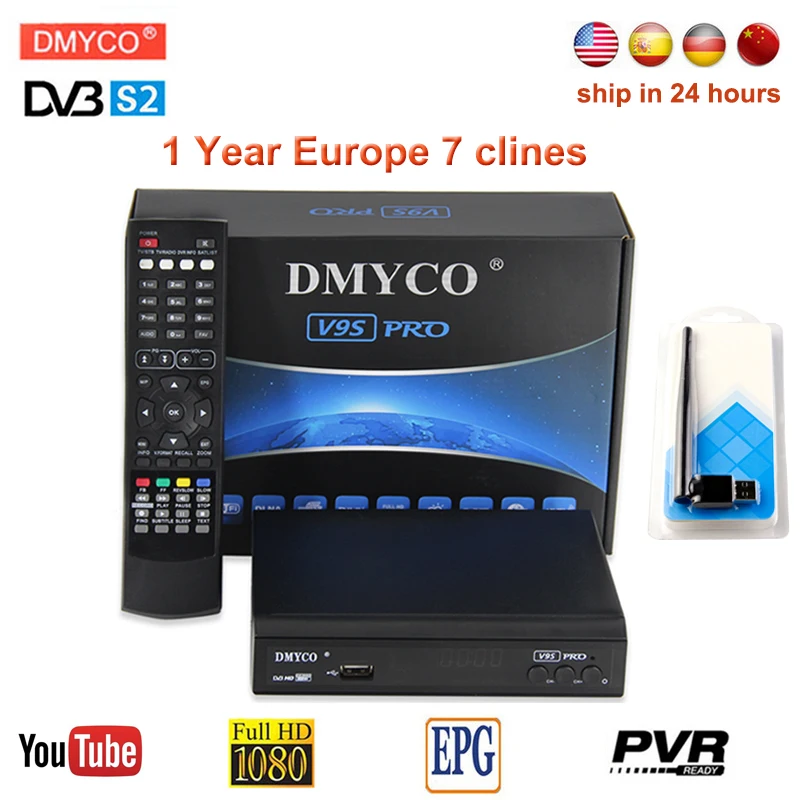 

V9S PRO TV Receptor DVB-S2 HD FTA Satellite Receiver With 1 Year Europe CCcam 7 Clines+USB WIFI Support PowerVu Biss Key youtube
