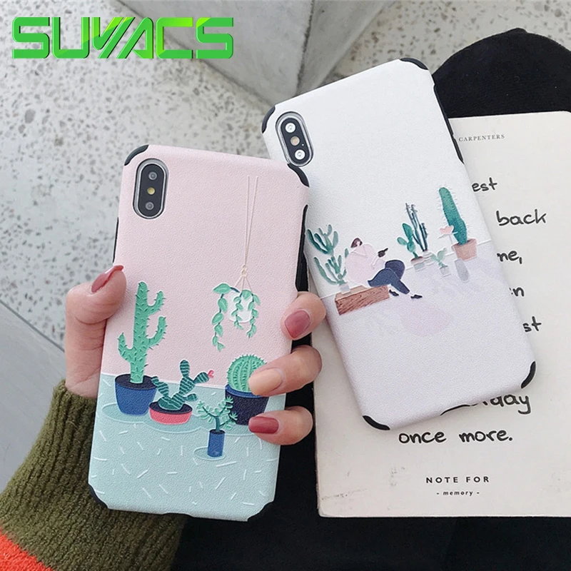

SUYACS Korea Style Cactus Illustration Case For iPhone XS MAX XR Emboss Four Corners Shockproof Phone Back Cover Cases Coque