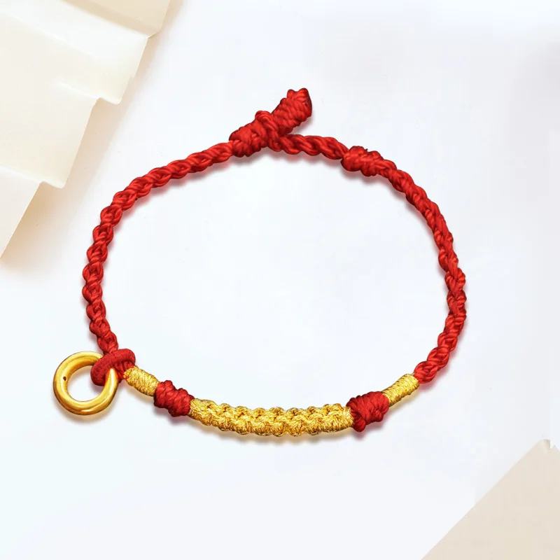 

Real 24K Yellow Gold Bracelet Woman's Man 3D Circle Red Rope 16cmL Safety Button
