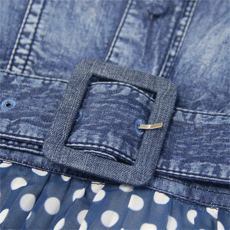 Summer Dot Woman Dress 2019 Vintage Women's Denim Dresses Sleeveless Lace Turn-down Collar Belted Chiffon Patchwork Vestido (20)