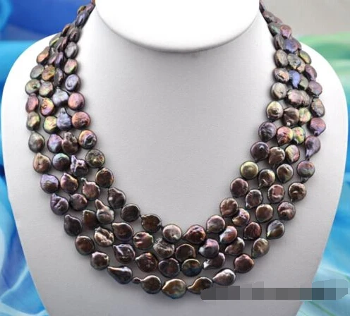 

shipping 4row 20" 11mm coin black freshwater pearl necklace