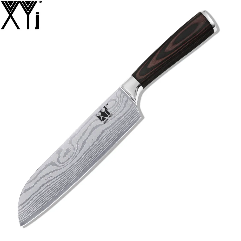

High Quality 7 Inch Santoku Kitchen Knife XYJ Brand Cooking Tools Color Wood Handle 7Cr17 Stainless Steel Flowing Sand Veins