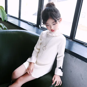 

2018 Autumn And Winter Tide Lace High Sleeve Knitting Upper Garment Girl Long Sweater