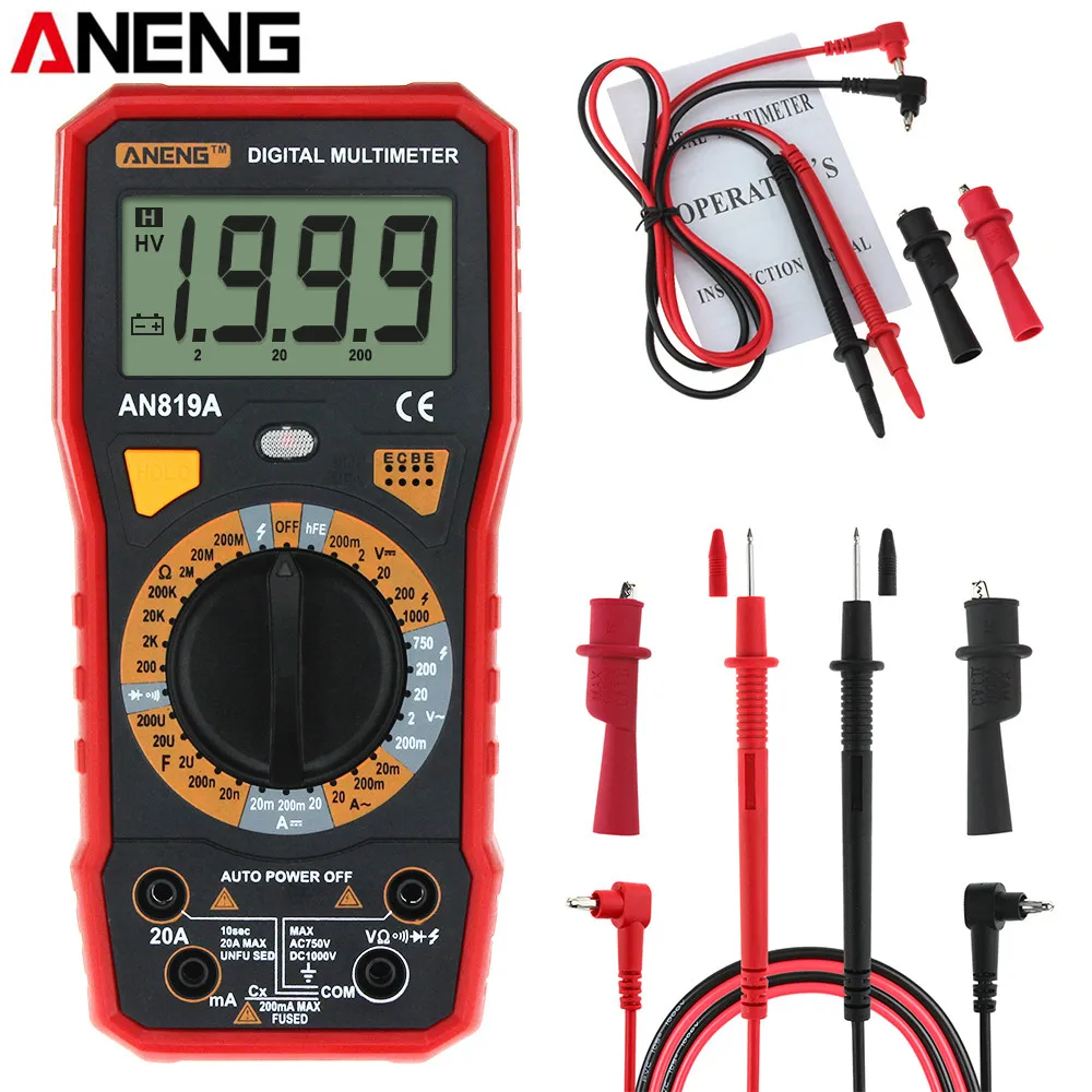 ANENG AN819A Digital Multimeter AC/DC Voltage Ammeter Capacitance Resistance Triode Tester Current Meter + Crocodile Clips|Multimeters| - AliExpress
