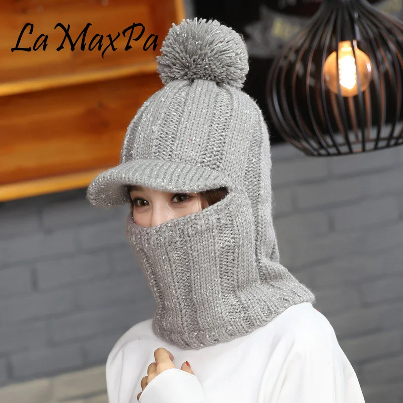 

LaMaxPa 2018 New Fashion Solid Thick Women Scarf&Hat Sets With Pompom 1Pcs Knitted Winter Warm Beanis Wrap Windproof Dropshiping