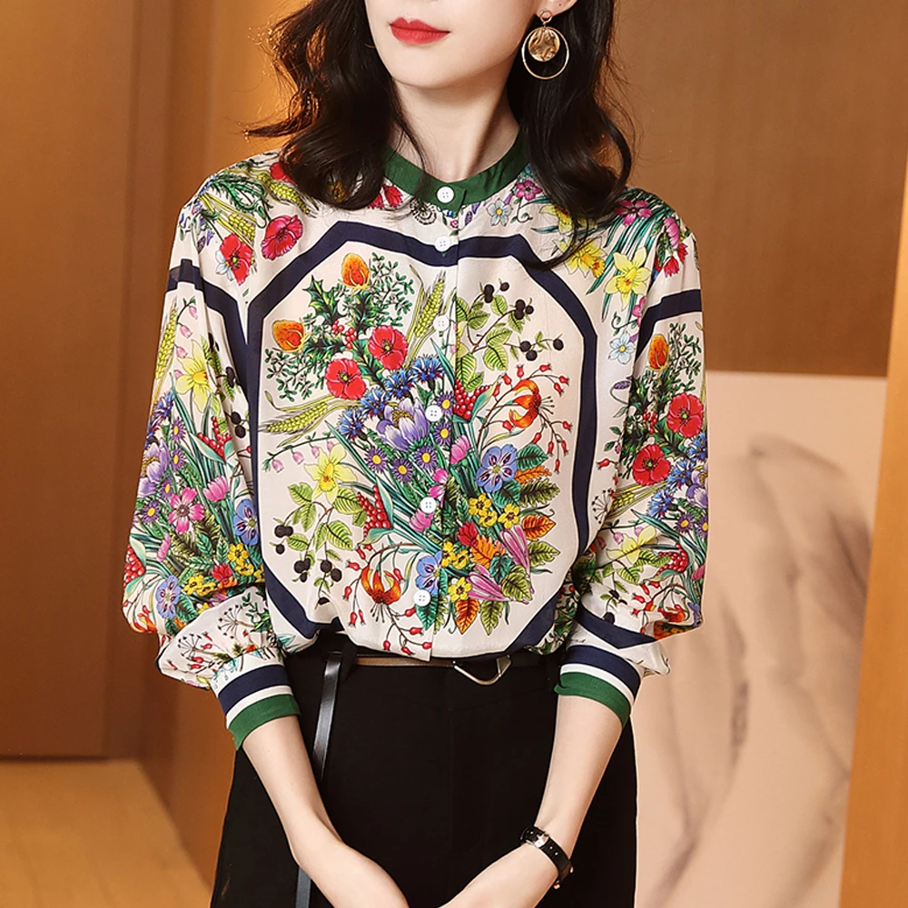  women silk shirts blouses 2019 new fashion long-sleeved loose shirt elegant vintage printed shirt c