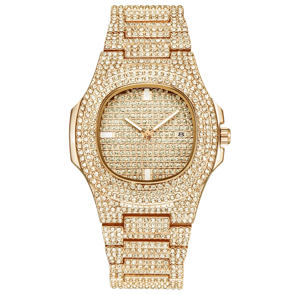 Золотые часы+ ожерелье+ браслет в стиле хип-хоп, в стиле Майями, с кубинской цепочкой, покрытый стразами, CZ Rapper, комплект ювелирных изделий для мужчин