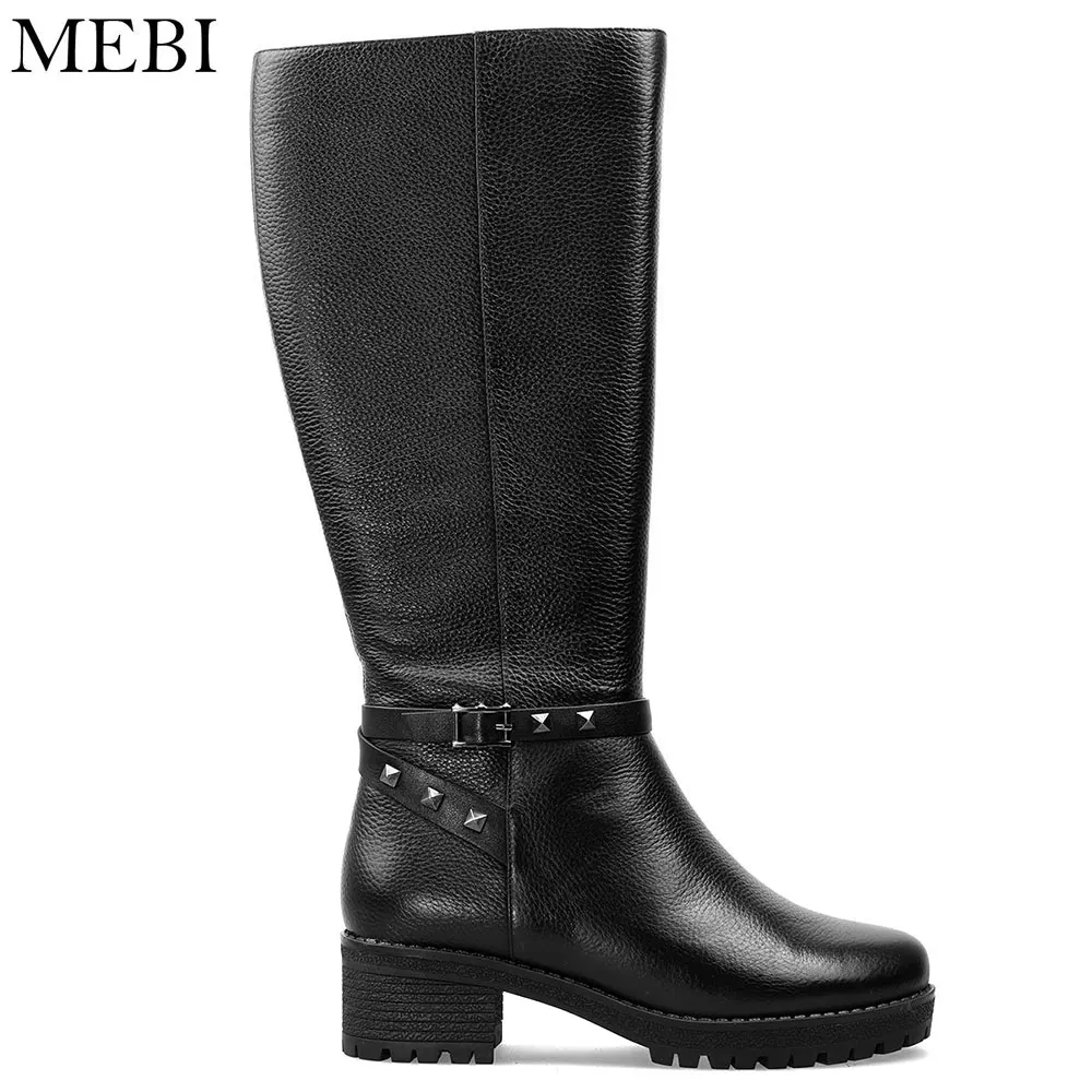 MEBI Real Leather Winter Women's Boots Keep Warm Long Boots Woman Fur