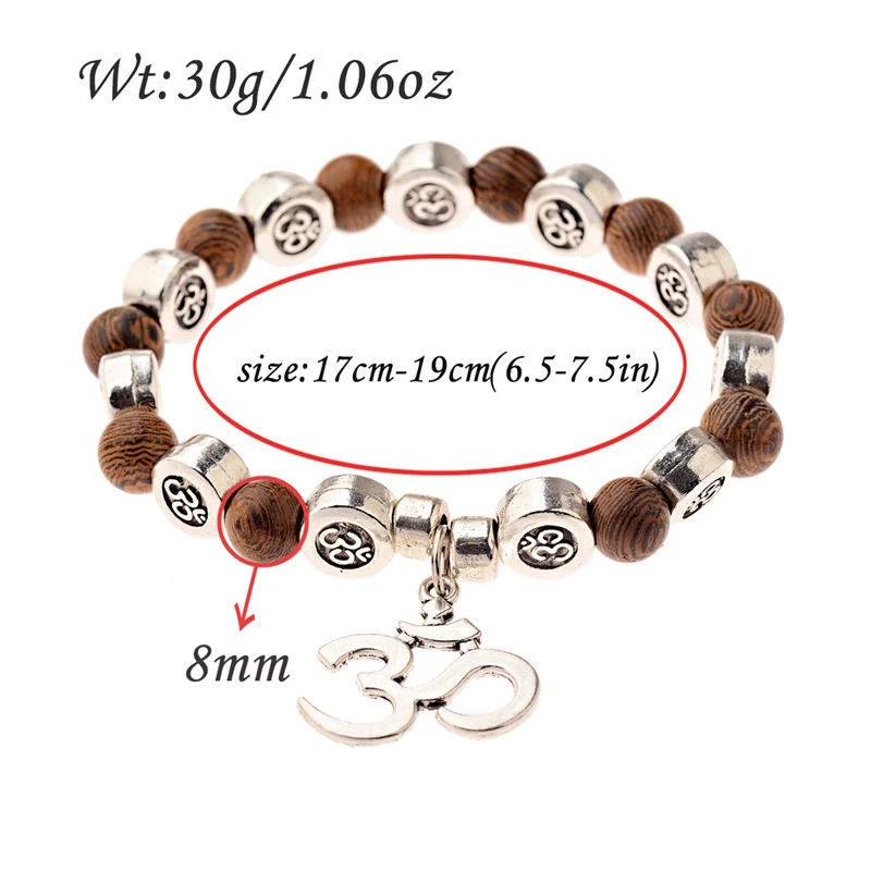 OIQUEI 8mm Natural Wood Buddha Bracelet Men Handmade Charms Sliver OM Beads Yoga Chakra Mala Prayer Bracelet Meditation Jewelry