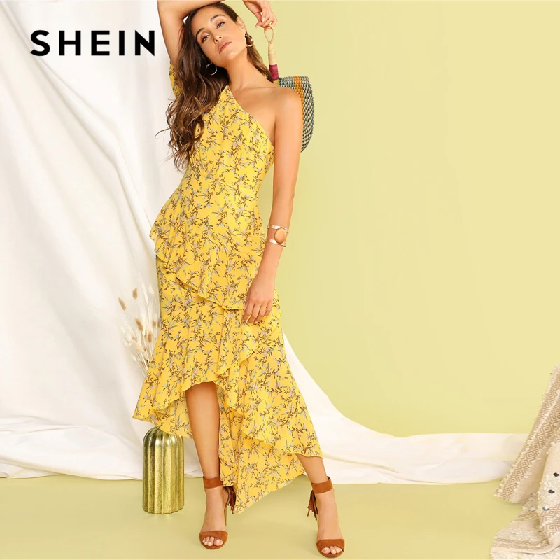 SHEIN Асимметричное Платье С Оборкой И Одним Плечом Женское Желтое Летнее Богемное Платье