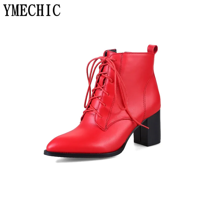 Женские ботильоны на шнуровке YMECHIC осенне зимние мотоциклетные ботинки с острым