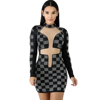 

2019 Summer Fashion Contrast Patchwork Diamonds Sexy Dress Women Long Sleeve Zipper Club Party Mini Dresses High Quality Black