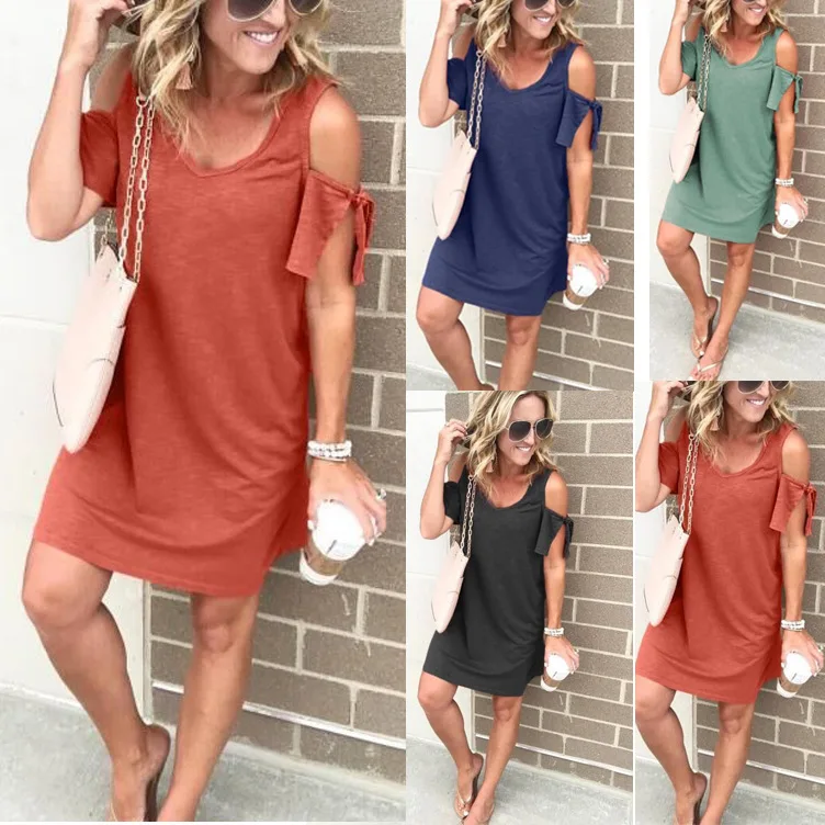 

Style women short sleeve womens dress new cold shoulder v-neck solid clothing new female mini dress