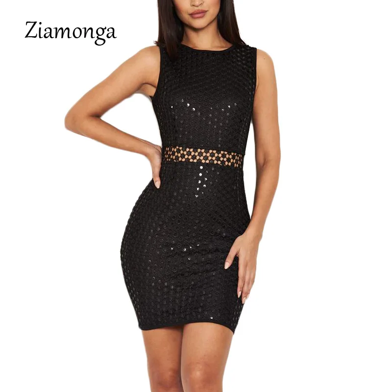 

Ziamonga 2019 Women Sleeveless Sequined Dot See Through Bodycon Night Party Mini Dress Sleeveless O-Neck Sexy Dresses Vestidos