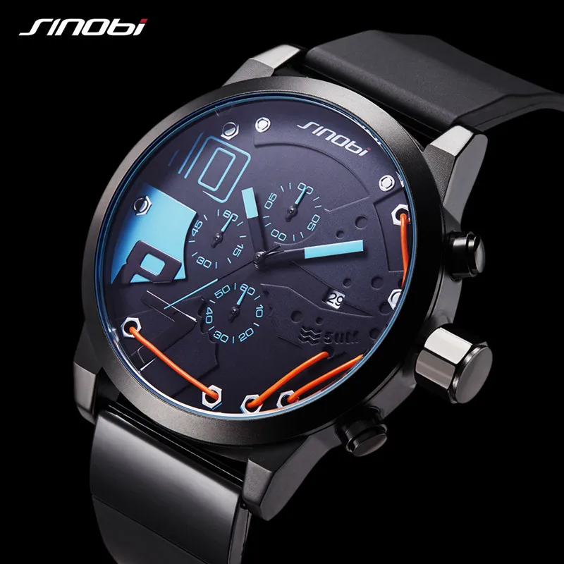 

SINOBI Brand New Style Fashion Big Dial Waterproof Sport Watch Men Black Silicone Band Student Wrist Watch For Men reloj hombre