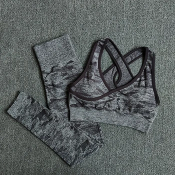 2Pcs Yoga Set Seamless Camouflage Women Fitness Clothing Sports Wear Gym Leggings Padded Push Up Strappy Sports Bra Sports Suits seamless genie sports bra with strappy back