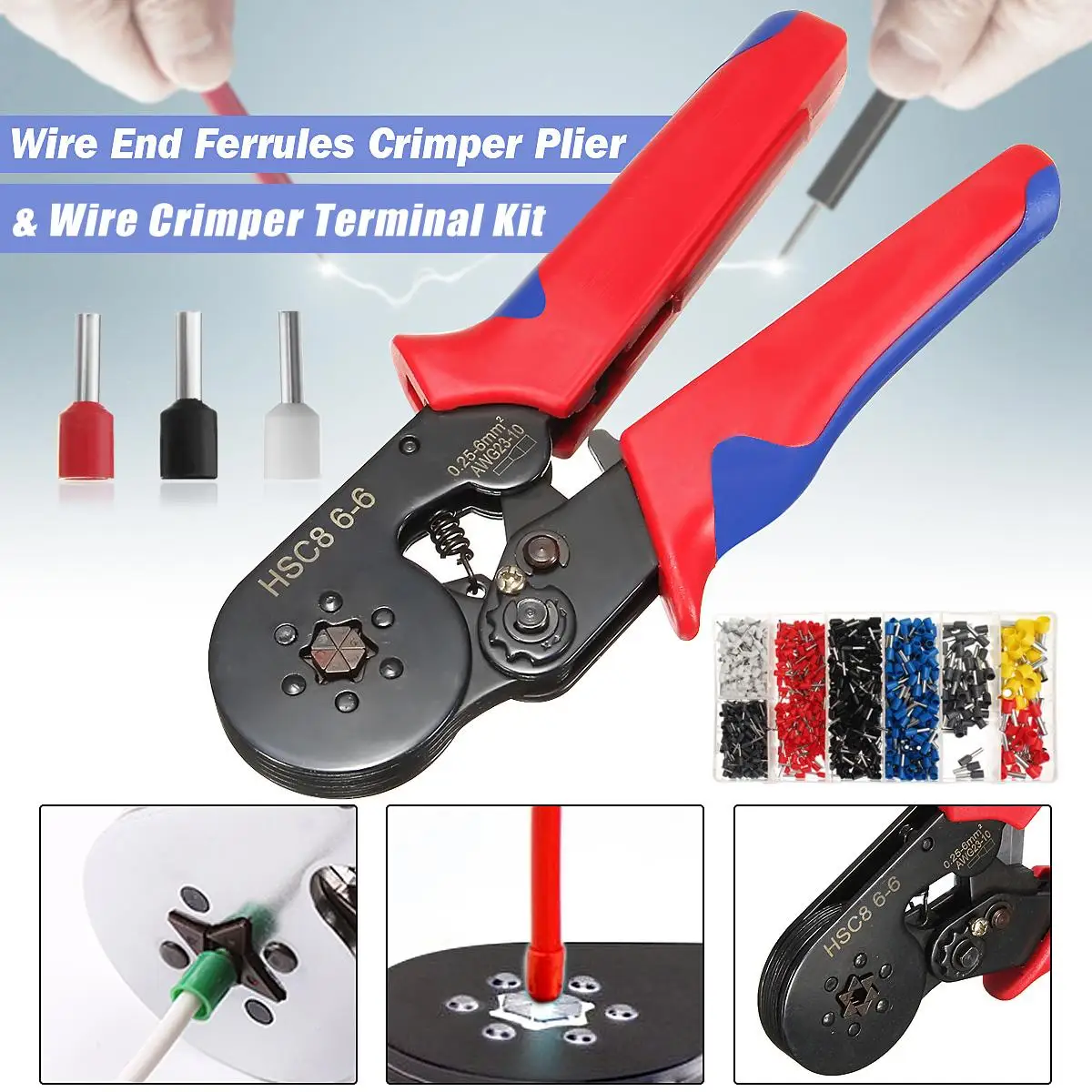 

New Mini-Type Self-Adjustable Six Mandrel Ratchet Crimper Plier+1200Pcs Electrical Cable Wire End Terminal Connectors Crimping