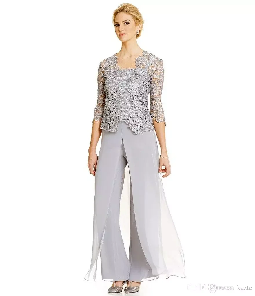 

Plus vestido novia Vintage half Sleeve Lace Jacket Formal evening party gown 2018 mother of the bride dresses With Pants Suits