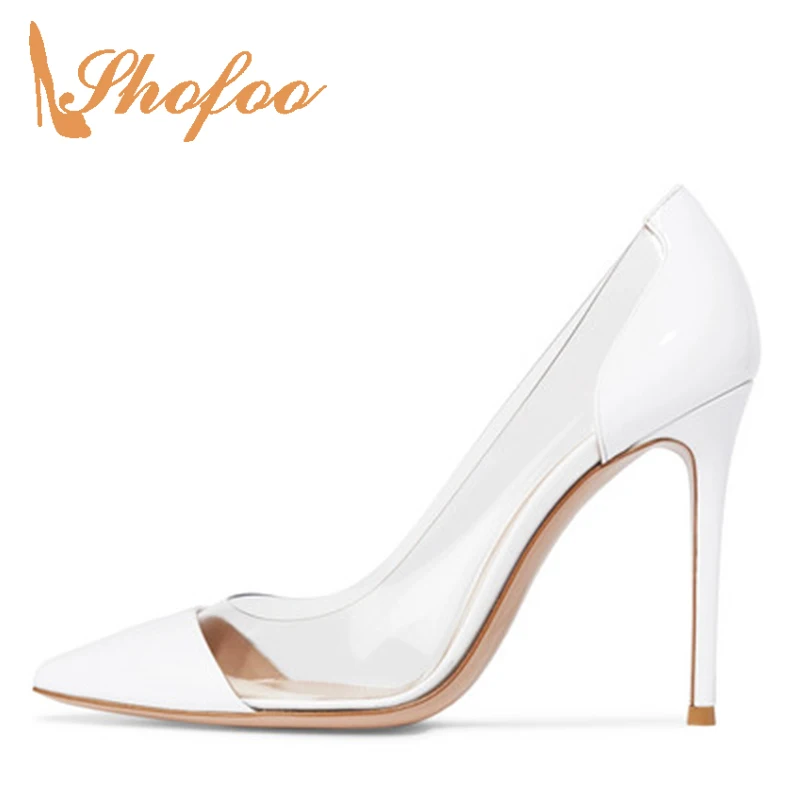 

White Nude Cap Pointed Toe PVC High Stilettos Pumps Woman Thin Heels Large Size 11 16 Slip On For Ladies Clear Shoes Mature 2019