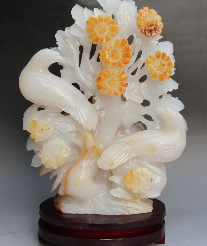 

Chinese 100% Natural Jade Pied magpie Bird Chrysanthemum Flower Pure Hand Statue