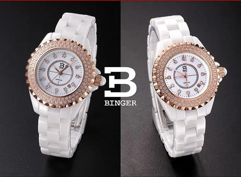 

New Switzerland Binger Space Ceramic Quartz Wristwatches Women's watches Round rhinestone Ladies Watchproof Clock BG-0371