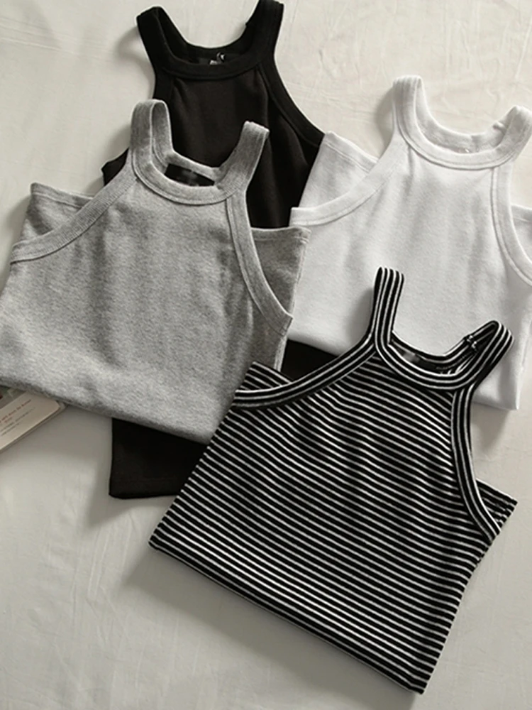 

2019 Summer New Women Fashion Korea Style Casual Slim Fit Sleeveless Basic Elastic Tank High Quality Ulzzang Striped Chic Camis