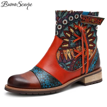 

BuonoScarpe Women Ankle Boots Genuine Leather Tassels Short Boots Round Toe Strap Retro Ethnic Shoes Sewing Flowers Chic Booties
