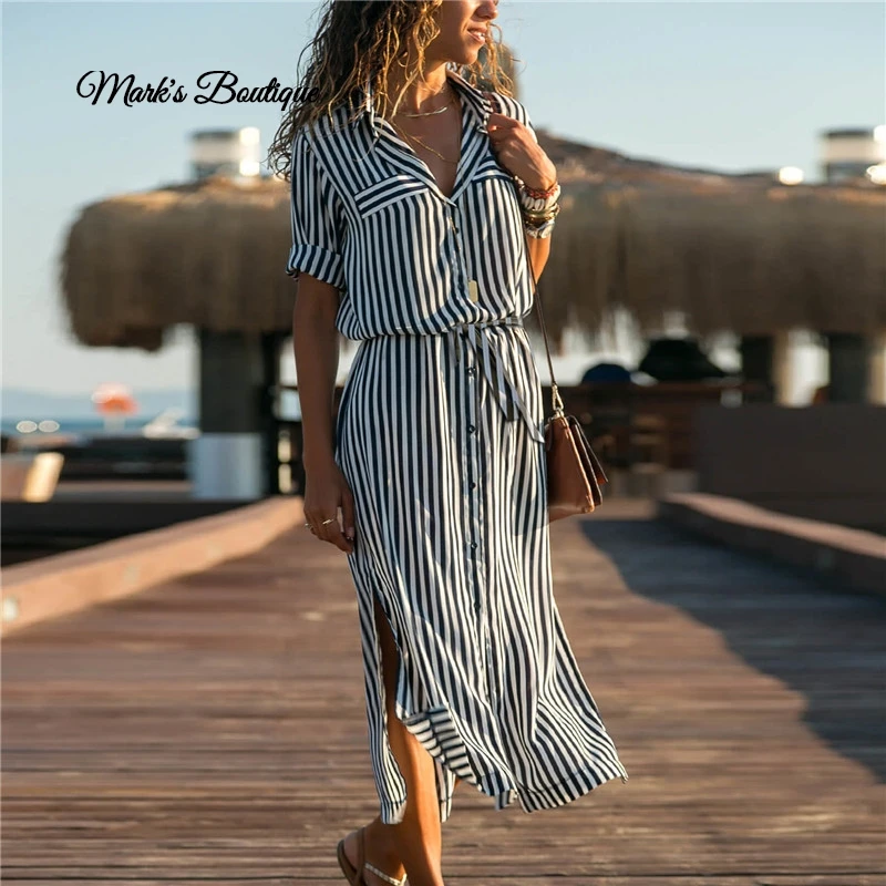 

Summer Beach Chiffon Long Dress Women Striped Shirt Dress 2019 Casual A-Line Long Sleeve Midi Holiday Party Dresses Vestidos