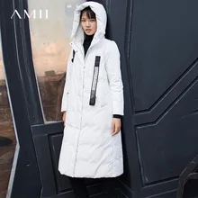 Amii минималистичный женский зимний 90% белый утиный пух с широкой талией с буквенным принтом длинное пуховое пальто с капюшоном и карманами