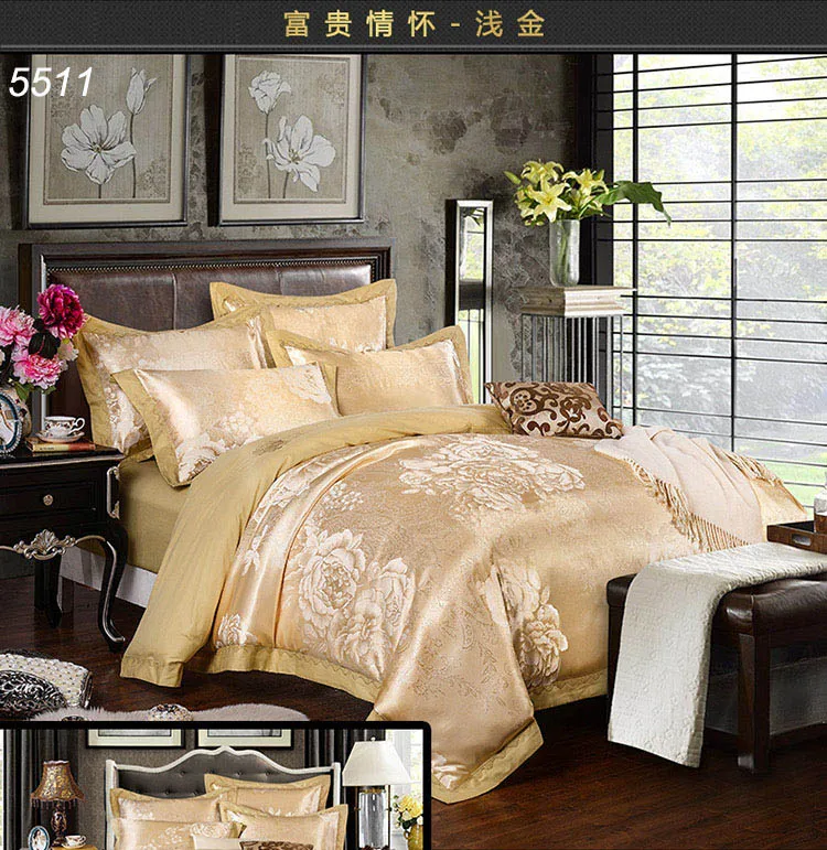 Europe style golden silk bedding set Tribute silk bed clothes 4pcs
