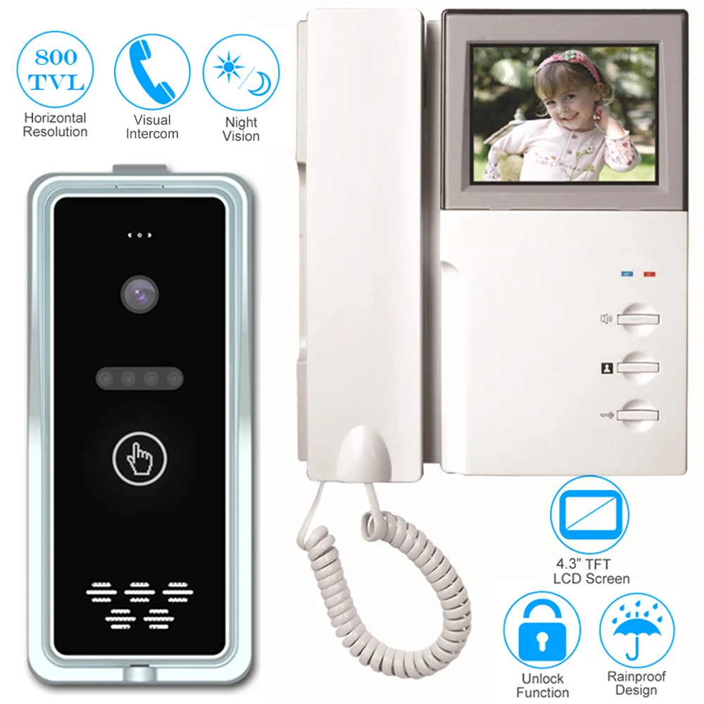 CUSAM 4.3" Video Door Phone Visual Doorbell Two way Audio with