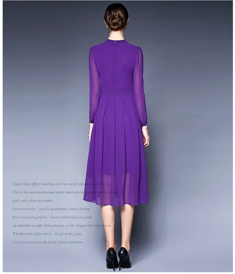 Осень дизайн роскошное шифоновое платье повседневное с длинным рукавом элегантное женское фиолетовое платье средней длины