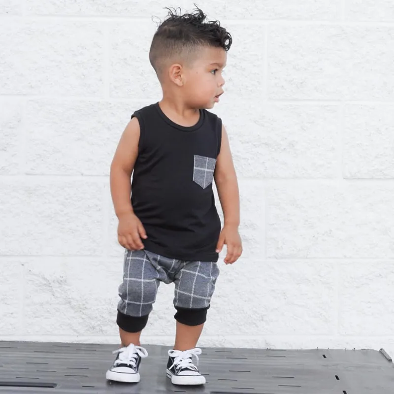 

Children's Plaid Clothing Sets 2018 Spring Summer Baby Boys Suit Kids Clothes Vest Tees+Shorts