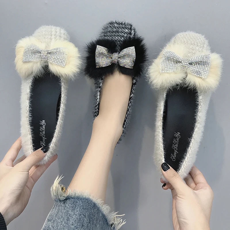 

Black white plaid square toe flats women crystal bow-knot furry shoes ladies creepers fluffy fur espadrilles lazy flat shoes new