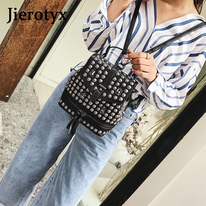 JIEROTYX, сексуальный кожаный рюкзак с бриллиантами для женщин, черный готический мешок с заклепками, женские вечерние сумки для путешествий, Прямая поставка