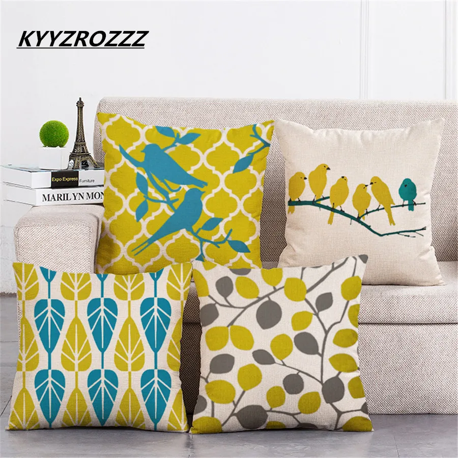 

Fashion Yellow Color LOVE Bird Cushions Cover Heart Home Decor Linen Cotton Pillow Cover Decorative Throw Pillows Pillowcase