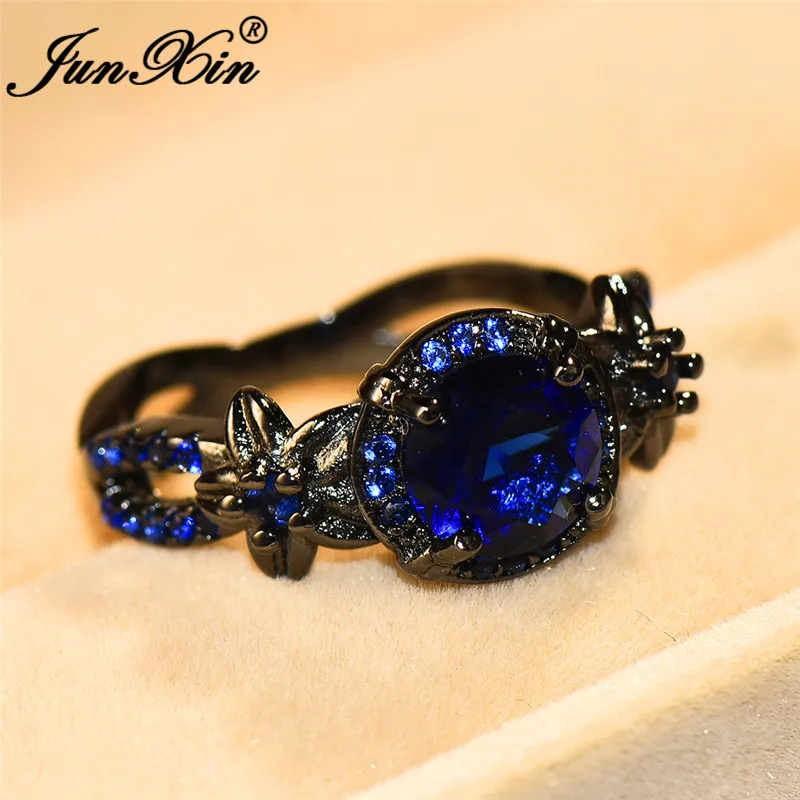 JUNXIN Boho Female Flower Star Rings For Women Black Gold Filled Royal Blue Red Pink Purple Zircon Stone Wedding Ring Jewelry