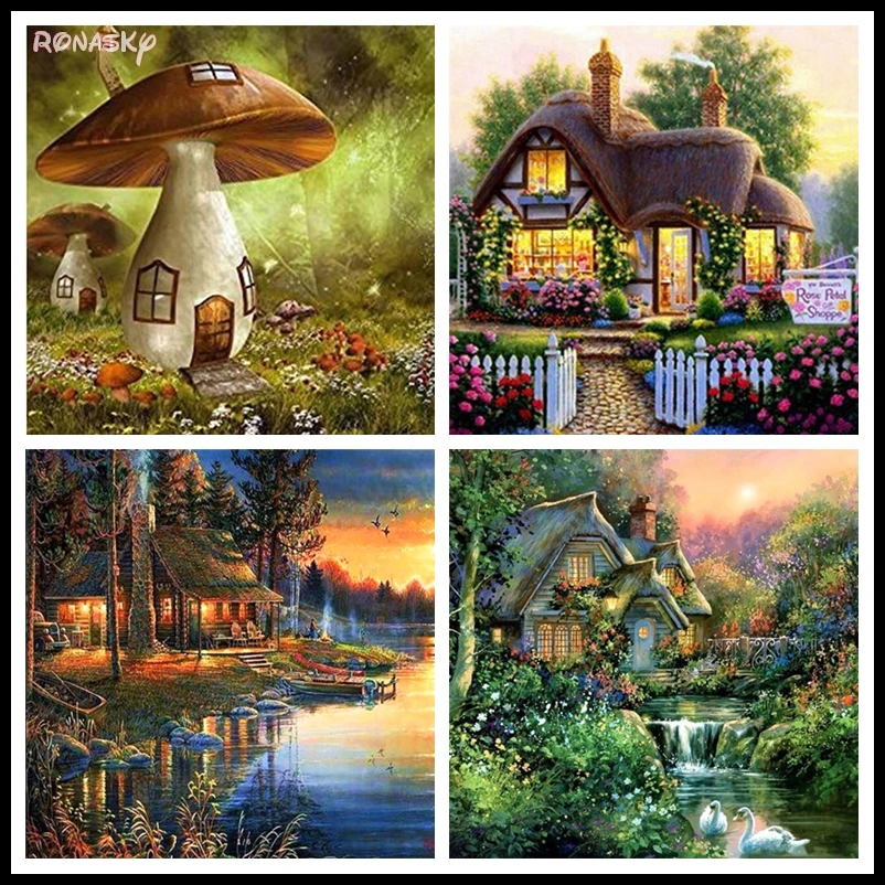 

Diamond Embroidery Landscape house & waterfall Diamond Painting Village Needlework Mosaic Cross Stitch Home Decor RNS3502