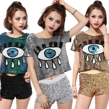 

New Sequin Hip-hop Tops Big Eyes Printed Jazz DS Costume Performance Wear Hiphop Paillette T-shirt Short Sleeve Crop Top