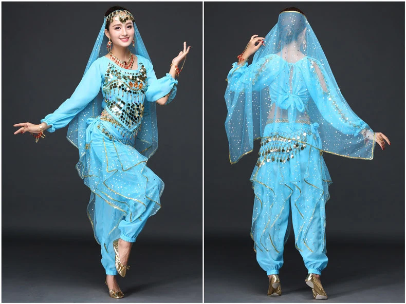 Женская Одежда для танцев сари танец живота костюм Болливуд индийские брюки костюм(включая Топ, пояс, брюки и вуаль
