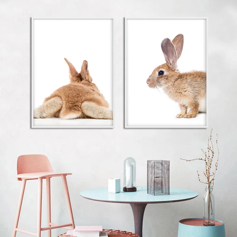 Woodland Animal Bunny Tail Picture Cute Brown Rabbit Poster Nursery Print Wall Art Canvas Painting Nordic Kid Bedroom Decoration