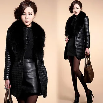 

Brieuces new Autumn and winter new imitation fur coat fox fur collar PU leather women's long coat trench coat