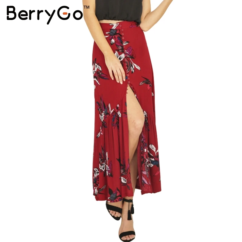 

BerryGo Boho print long skirt Women split maxi skirt floral beach skirt Female christmas chic vintage summer skirt vacation