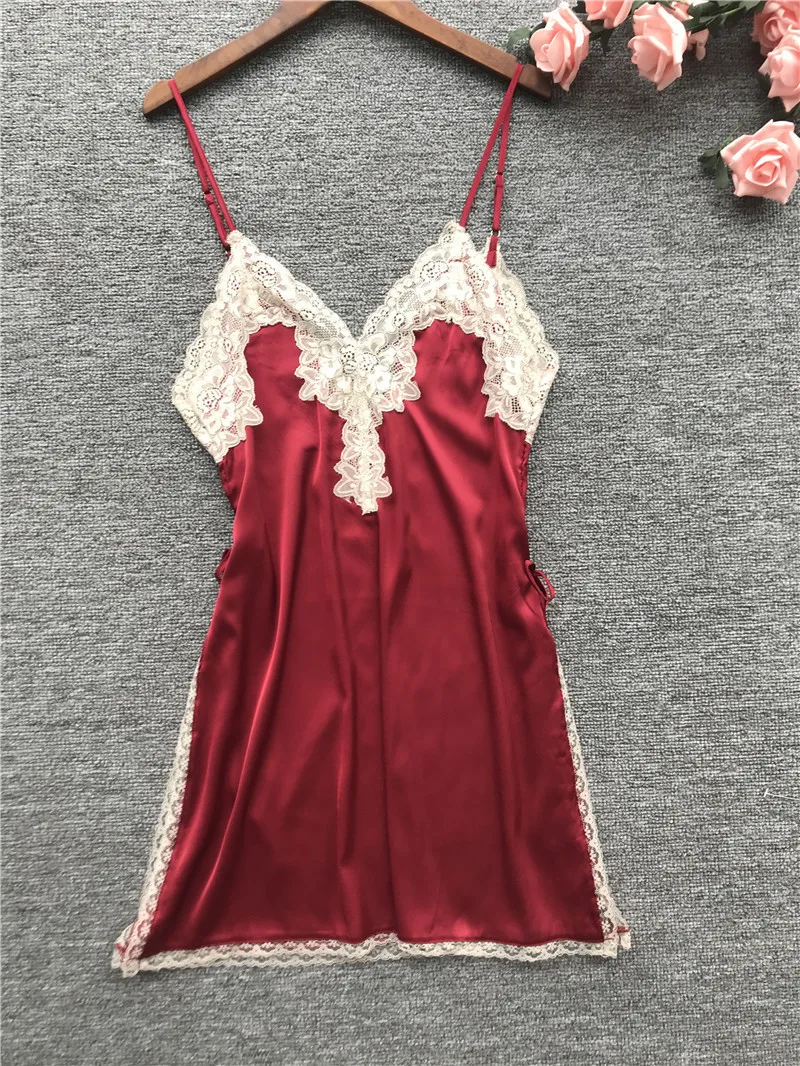 Lisacmvpnel Высокая Сплит Кружева сексуальная женская ночная рубашка Спагетти ремень пятно моды пижамы - Цвет: Wine red