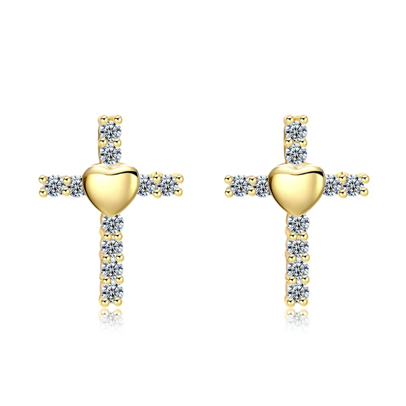 Trendy Cross Stud Earrings For Women Zircon Gold Color Classical Heart