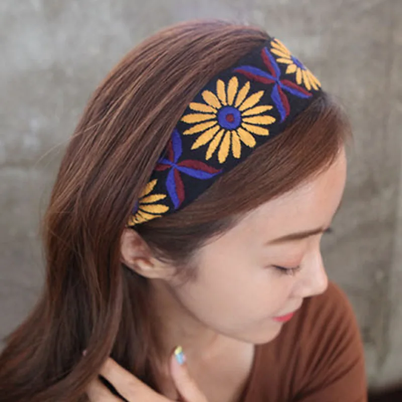 Women Bride Embroidery Sun Flower Wide Fabric Headband Boho Hairband Ladies Elastic Beach Holiday Festival Hair Hoop Accessories new vintage tassel boho fringe wide belt for women personality leather bondage straps waist ladies garter accessories