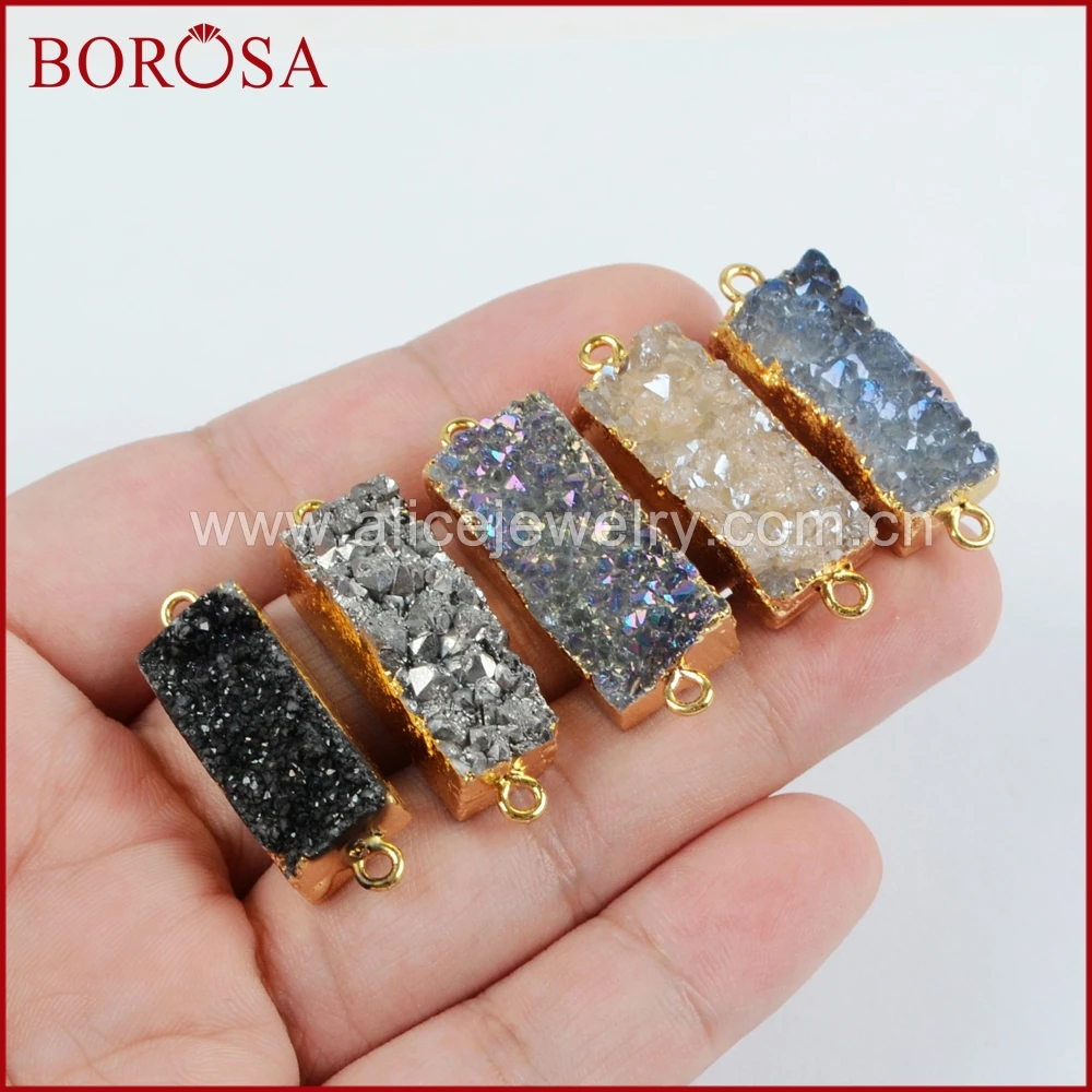 Borosa 5 шт. Drusy Инструменты для наращивания волос, смешать Цвет Прямоугольник Золото Цвет Природный кристалл Druzy Титан разъем двойной Bails Шарм g1215