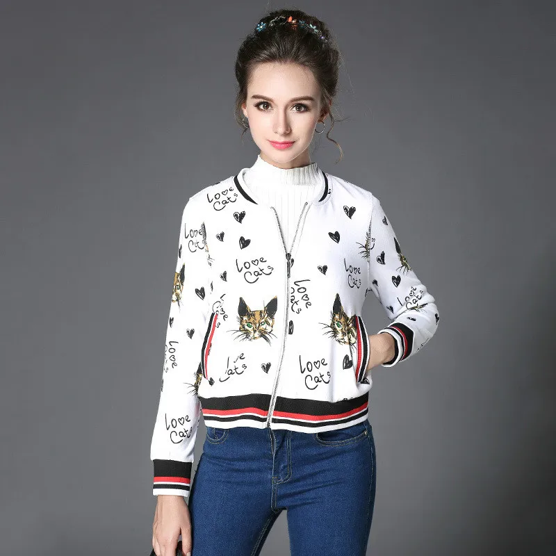 Women Cat Prints Jacket Plus Size Animal Pattern Fashion Zipper Autumn
